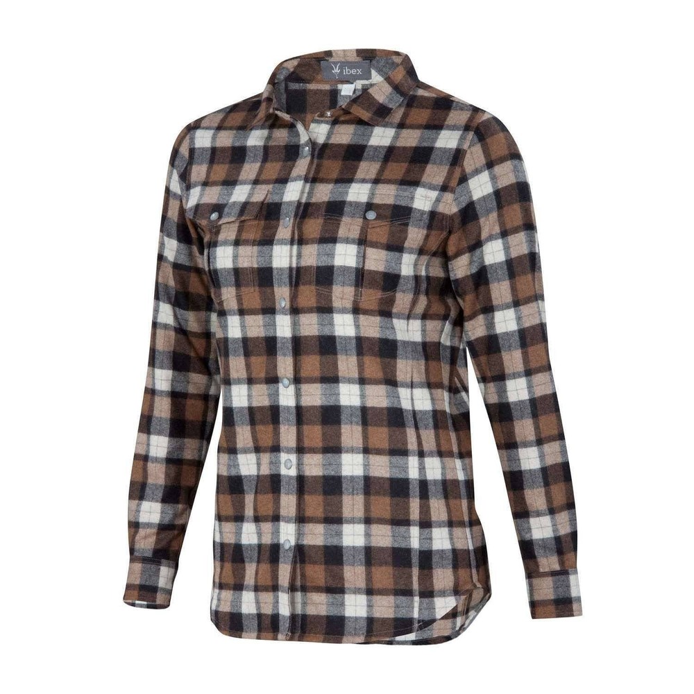 Ibex Taos Brown Plaid Flannel Snap Button Up Shirt Pockets Wool Outdoor Womens M